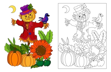 Premium vector creepy halloween straw scarecrow with hat pumpkin and sunflowers halloween coloring illustration art