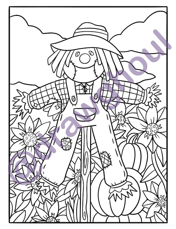 Scarecrow coloring page autumn coloring page fall coloring page pumpkin coloring page digital download