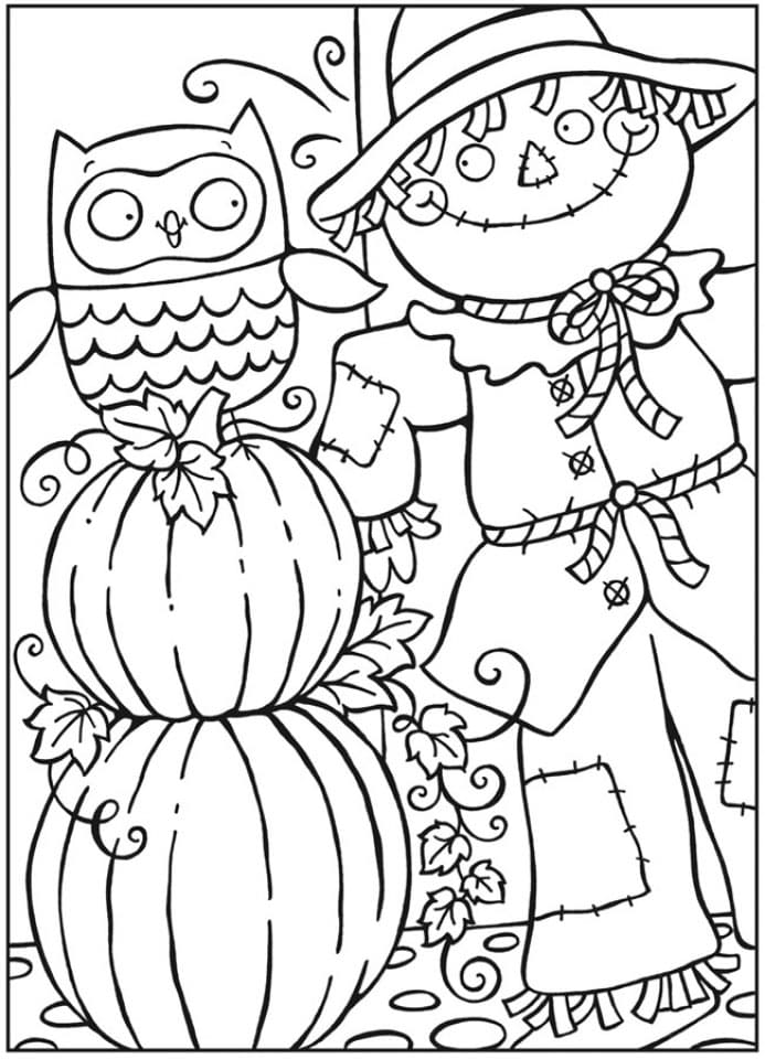 Scarecrow and owl with pumpkin coloring page