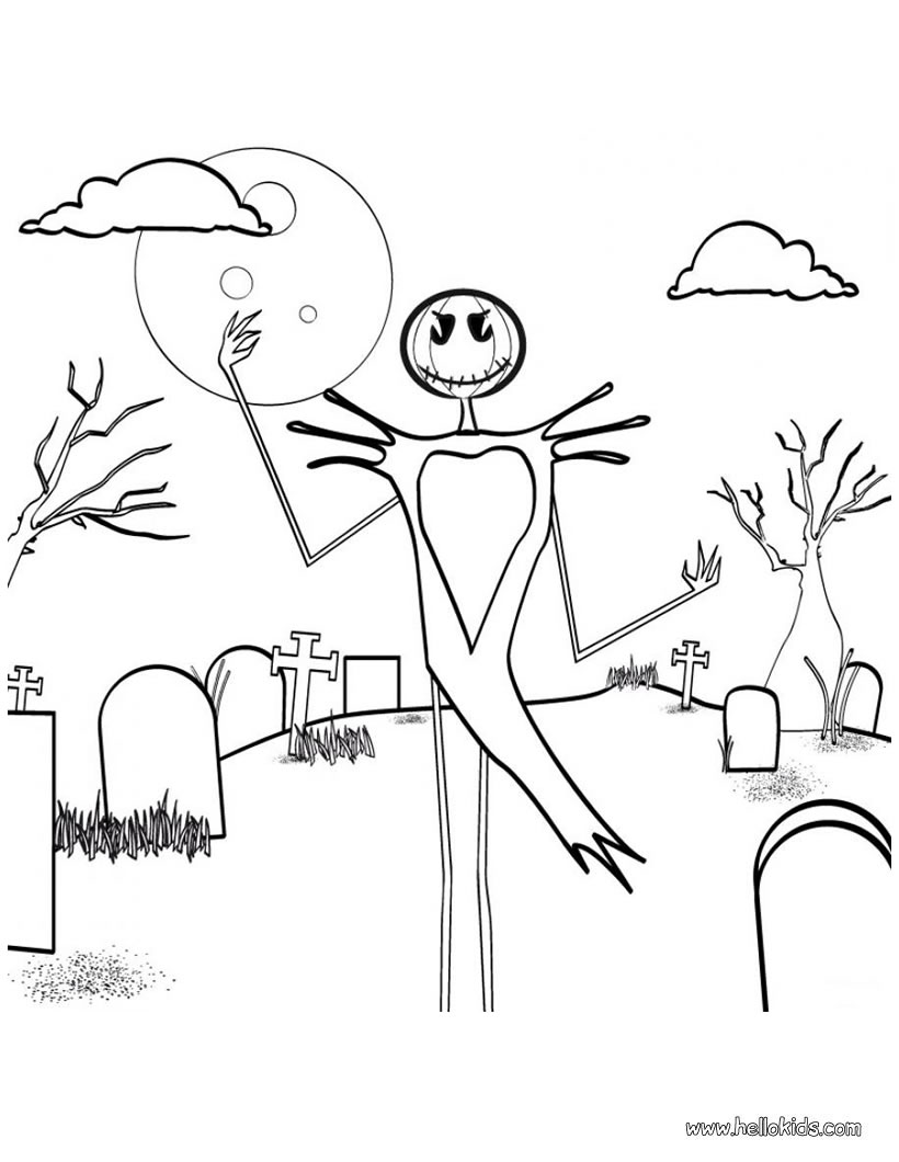 Skeleton scarecrow in graveyard coloring pages