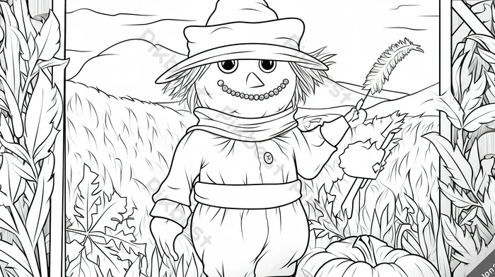 Pumpkin scarecrow in a field with pumpkins coloring pages backgrounds jpg free download
