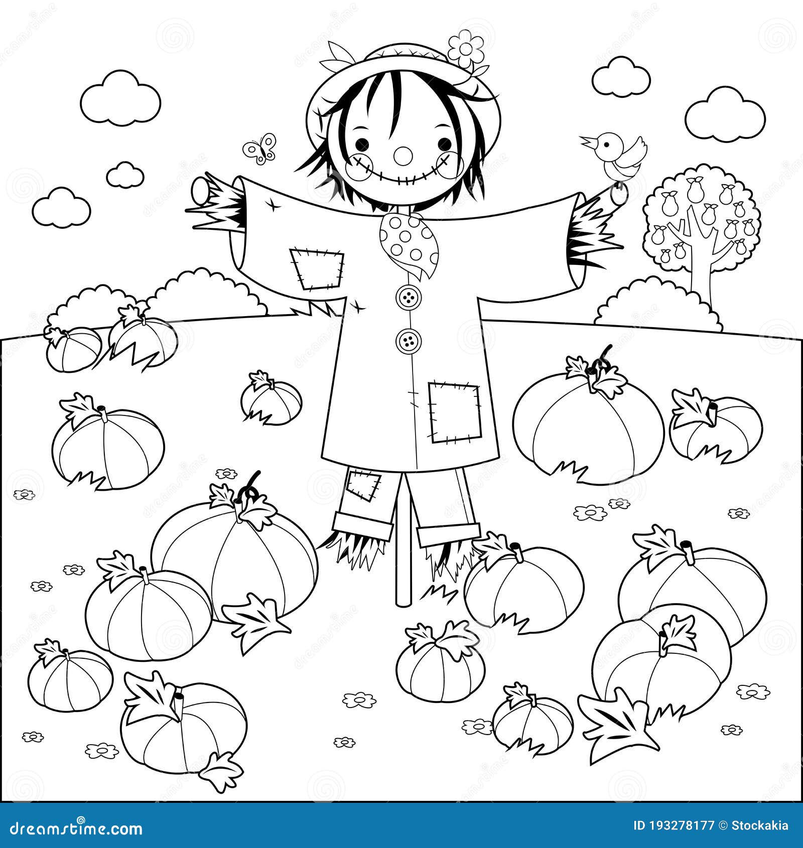 Pumpkin field and a scarecrow vector black and white coloring page stock vector