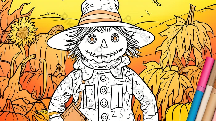 Pumpkin scarecrow coloring page featuring pumpkins and autumn leaves backgrounds jpg free download