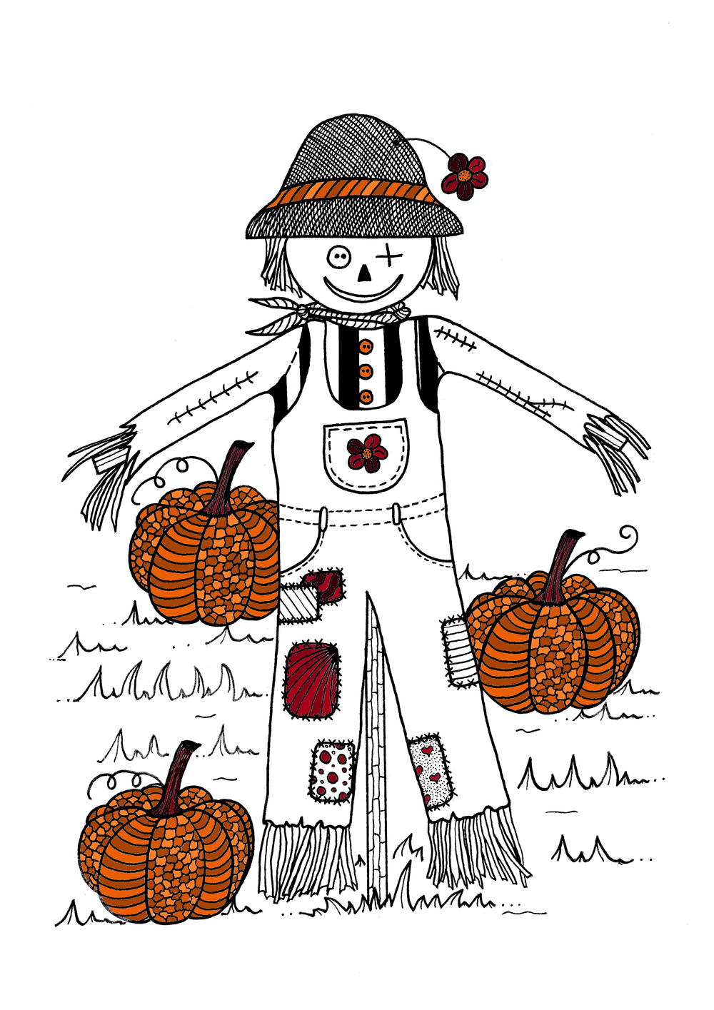 Scarecrow in pumpkin field adult coloring page