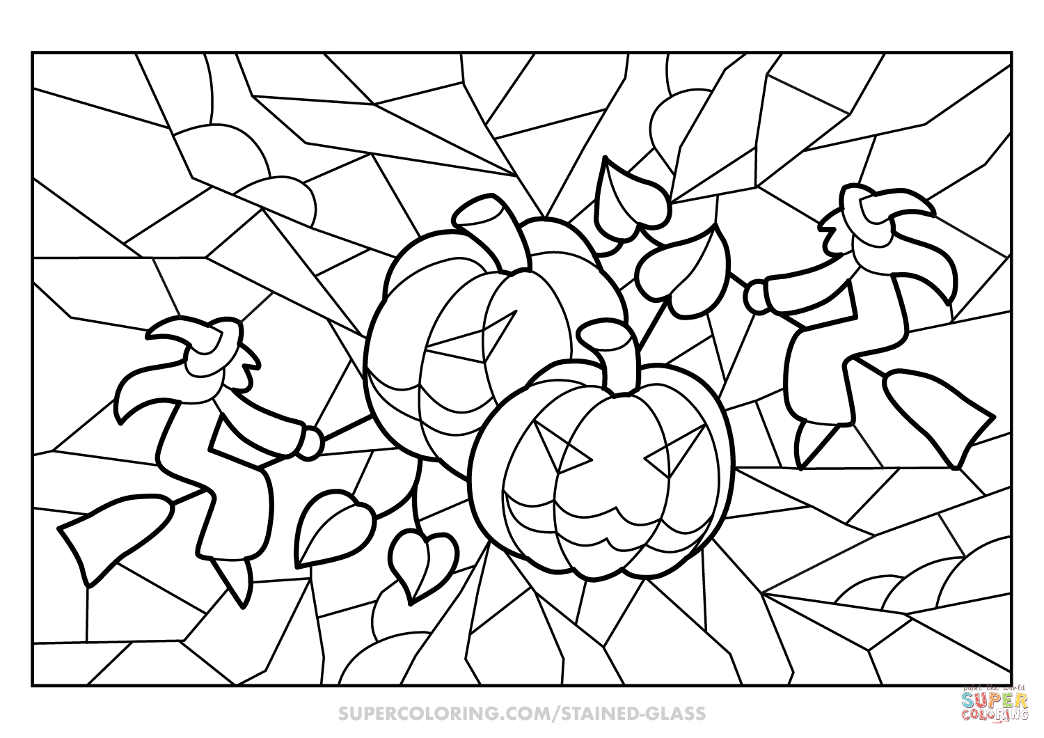 Halloween witches and pumpkins stained glass coloring page free printable coloring pages