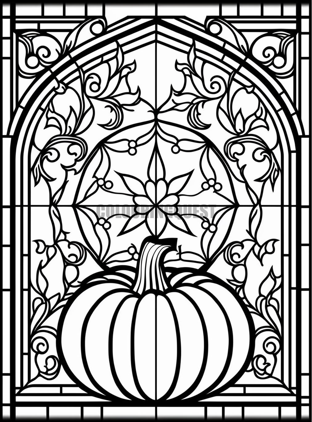 Pumpkin stained glass printable adult coloring page from