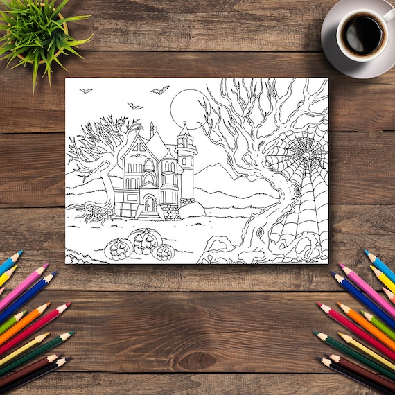 Halloween coloring page digital printable pdf illustration day of the dead art adult coloring books pumpkins old house spiderweb