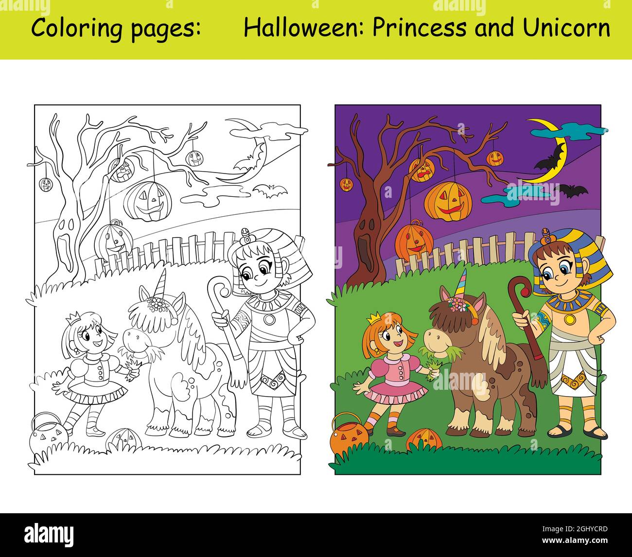 Girl in costume of princess with unicorn and egyptian halloween concept coloring book page for children with colorful template vector cartoon illus stock vector image art