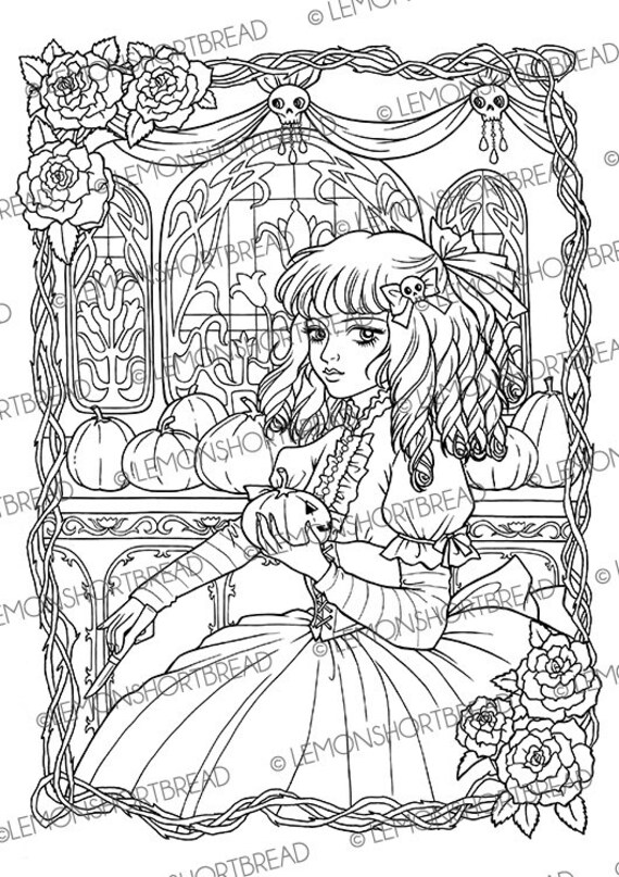 Printable digital colouring page carving pumpkins girl instant download halloween goth fantasy art nouveau gothic coloring anime style