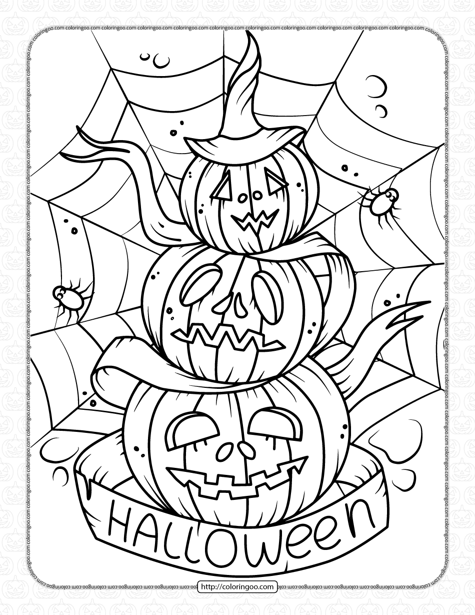 Scary pile of pumpkins spiders web coloring page