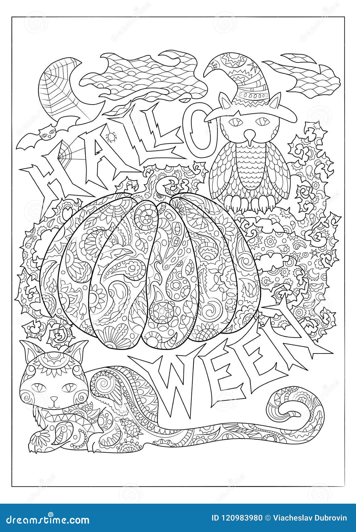 Halloween black and white coloring page with owl in magician hat cat and pumpkin stock illustration