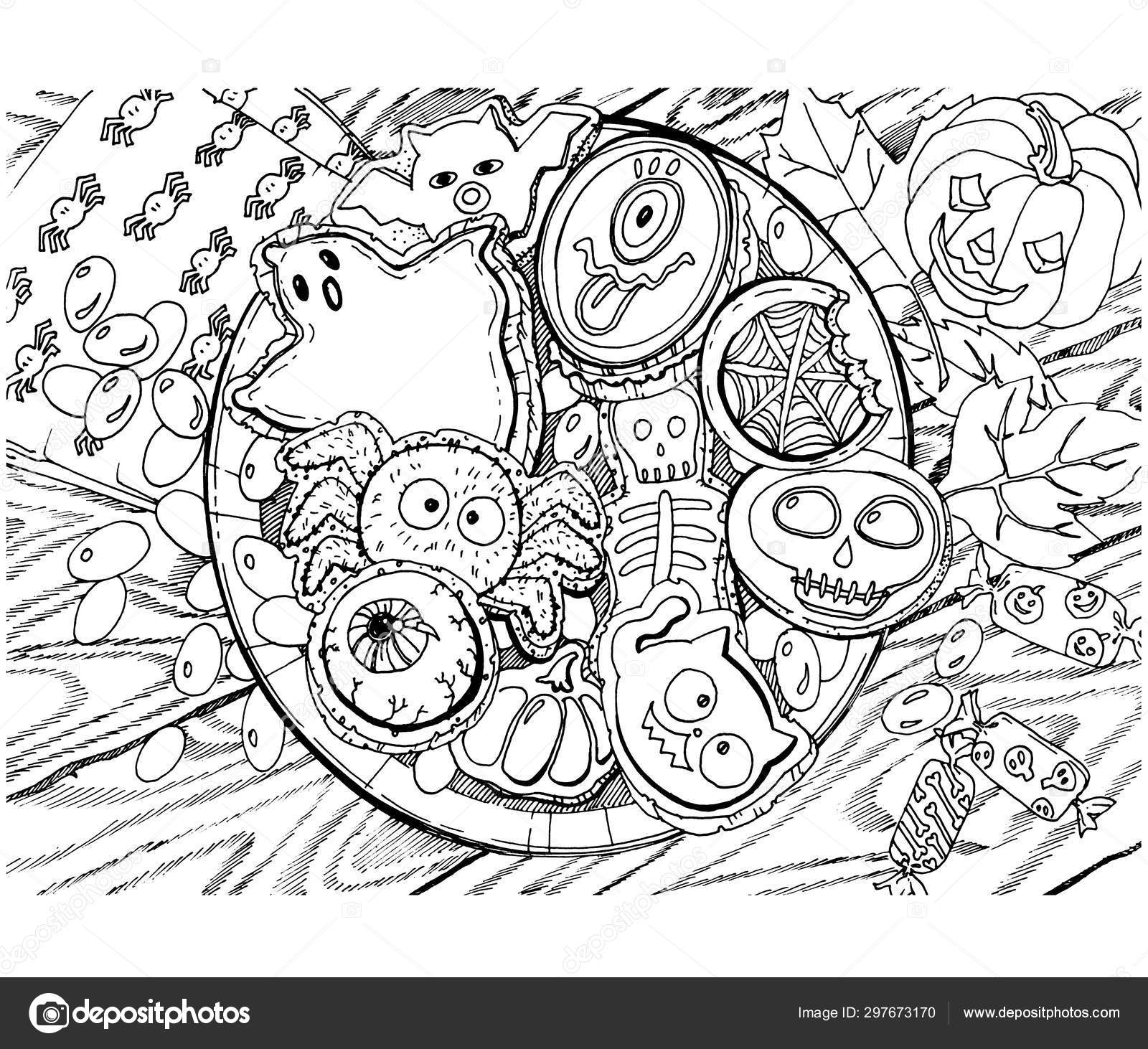 Graphic doodle drawing coloring book for children and adults antistress coloring book a plate of sweets for halloween cake and a ghost