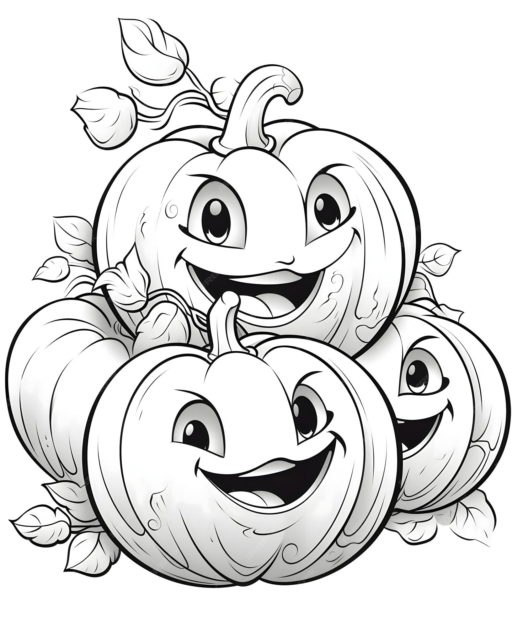 Premium vector four jackolantern pumpkins with eyes mouth and tongue halloween black and white picture coloring book