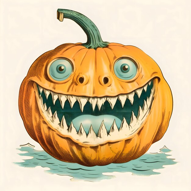 Premium vector angry pumpkin with cleaned eyes big teeth and tongue halloween black and white picture coloring book