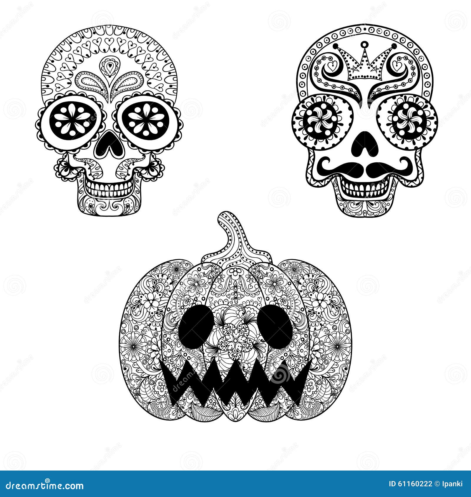 Hand drawn skulls and pumpkin in zentangle style halloween tote stock vector