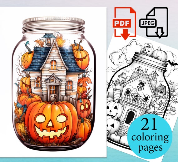 Halloween pumpkin house coloring book adults kids activity pages skull sheets instant download printable pdf jpeg