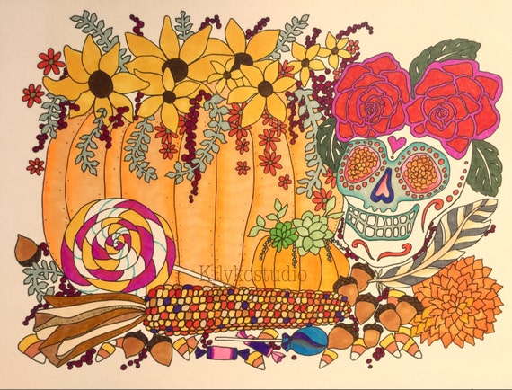 Halloween pumpkin sugar skull fall autumn scene adult coloring page instant digital download pdf file