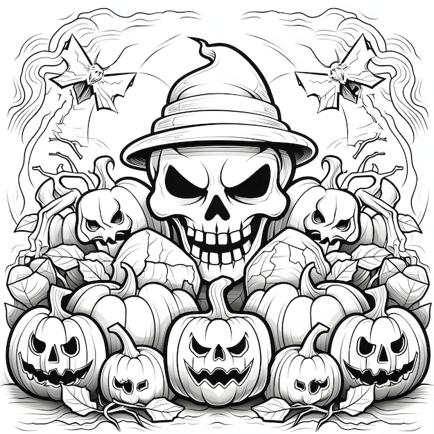 Premium vector human skulls and jackolantern pumpkins flying moths in the background halloween black and white picture coloring book