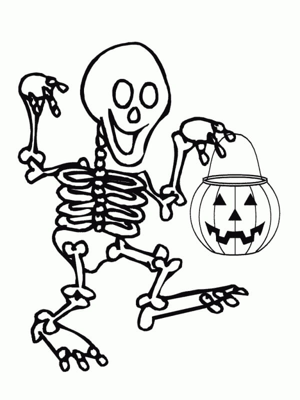 Skeleton with pumpkin candy bag coloring page