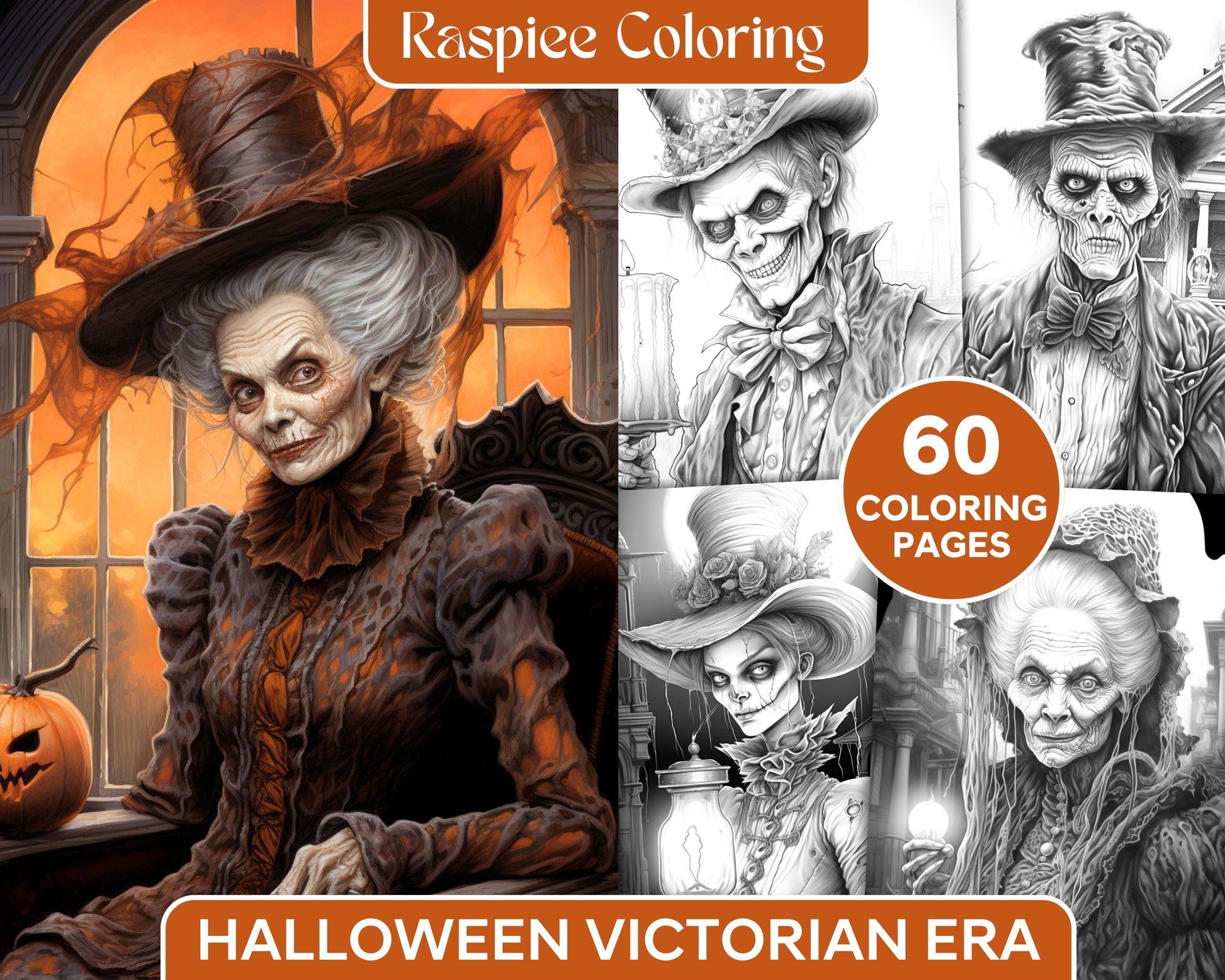 Halloween victorian era grayscale coloring pages printable for adul â coloring