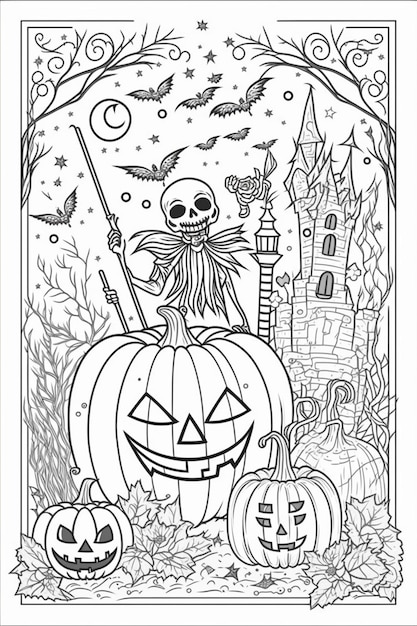 Premium ai image a coloring page with a skeleton and pumpkins in a graveyard generative ai