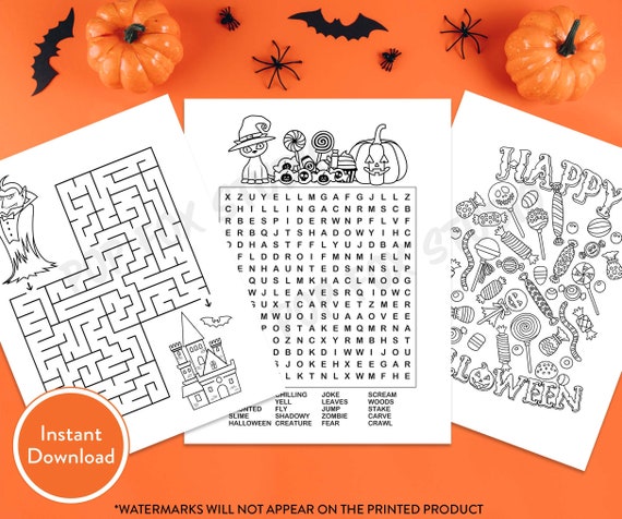 Halloween kids activity bundle printable digital download word search maze and coloring page teacher coloring page