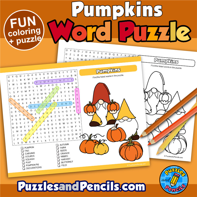 Pumpkin word search puzzle activity page with coloring made by teachers