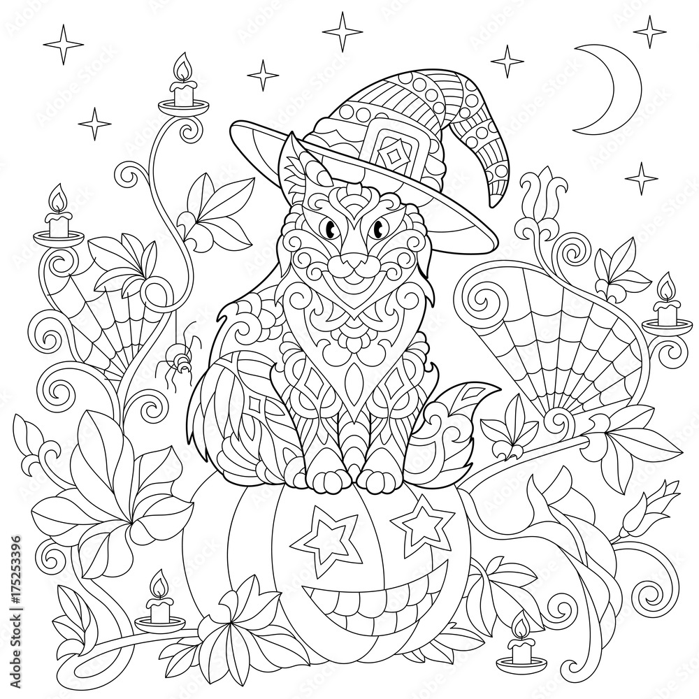 Halloween coloring page cat in a hat halloween pumpkin spider web lanterns with candles moon and stars freehand sketch drawing for adult antistress coloring book in zentangle style vector