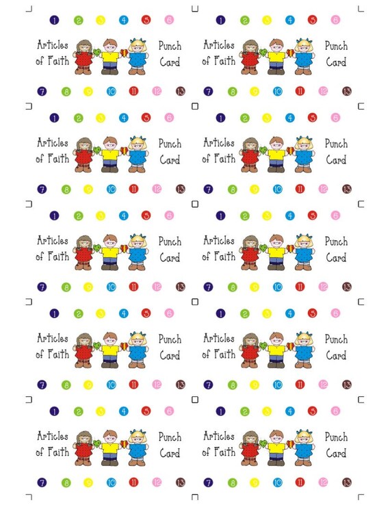 Articles of faith punch card template with cute kids