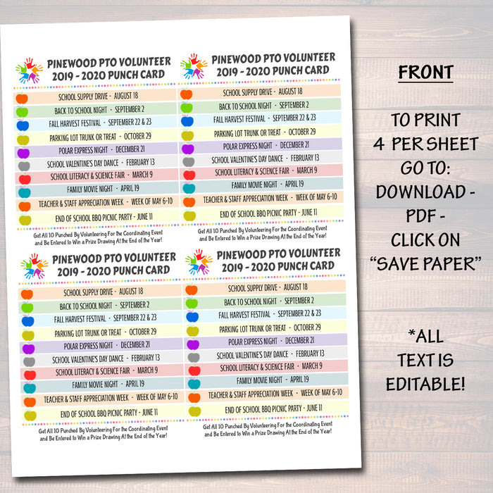 Pto pta membership volunteer parent punch cards