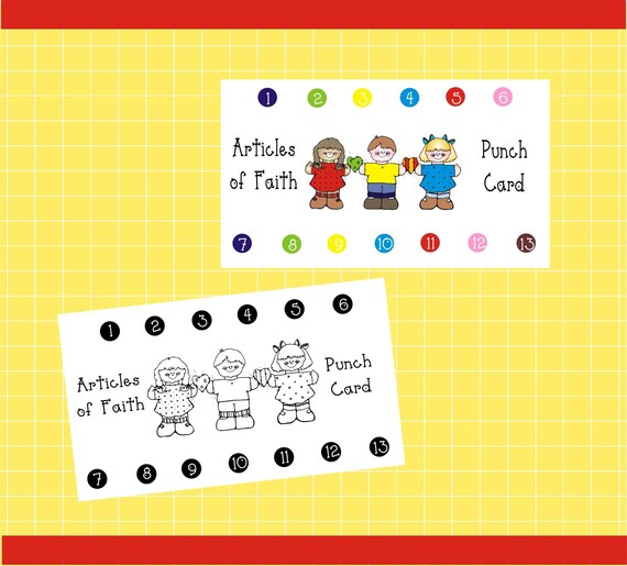 Articles of faith punch card template with cute kids