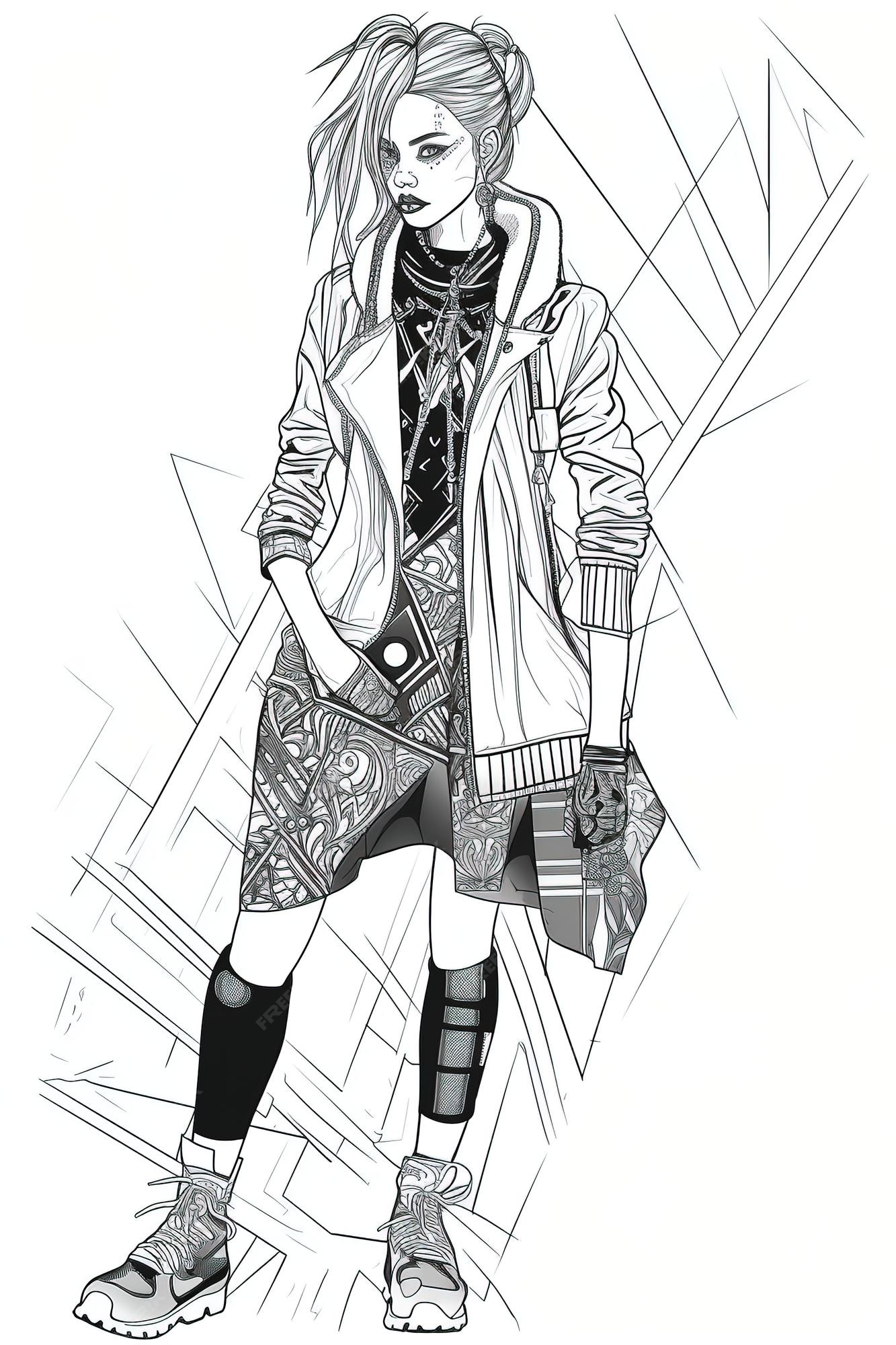 Premium vector punk inspired outfit fashion illustration high fashion coloring book page fine line