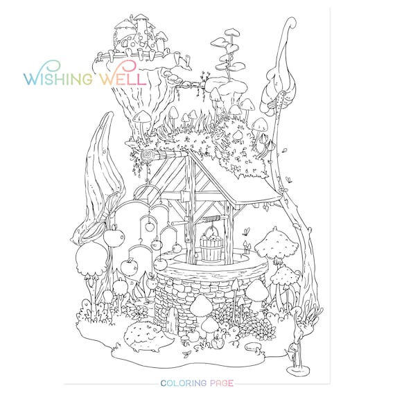 Wishing well adult coloring page autumn garden illustration cute home hedgehog mushrooms digital download printable pdf by jen katz