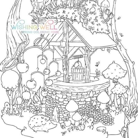 Wishing well adult coloring page autumn garden illustration cute home hedgehog mushrooms digital download printable pdf by jen katz