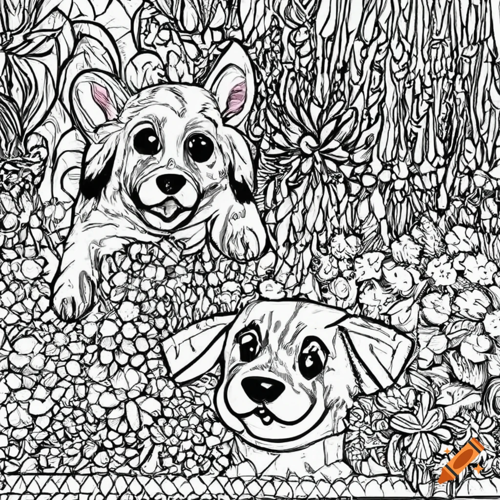 Coloring pages for adults happy puppies playing in a rainy flower garden in the style of ic book hatching lines medium detail geometric background black and white no shading