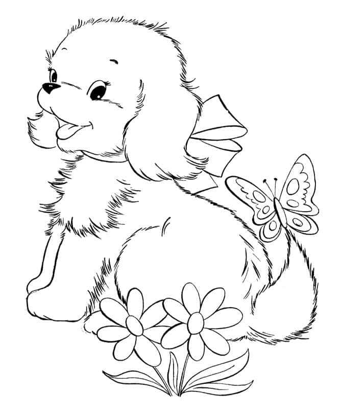 Puppy and butterfly coloring page