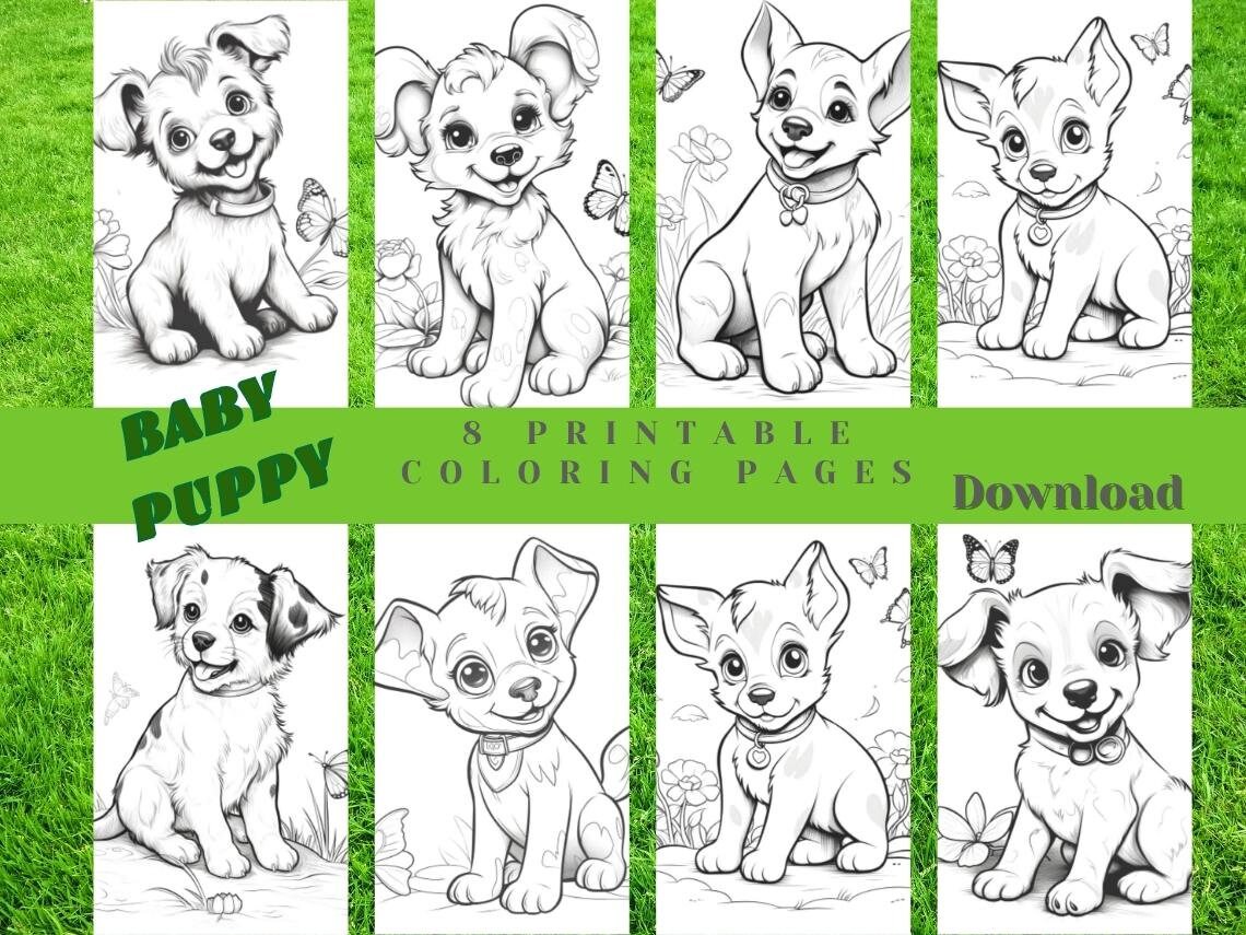 Cute baby puppy printable set of coloring pages for adults and kidsinstant digital downloads jpg and pdf files download now