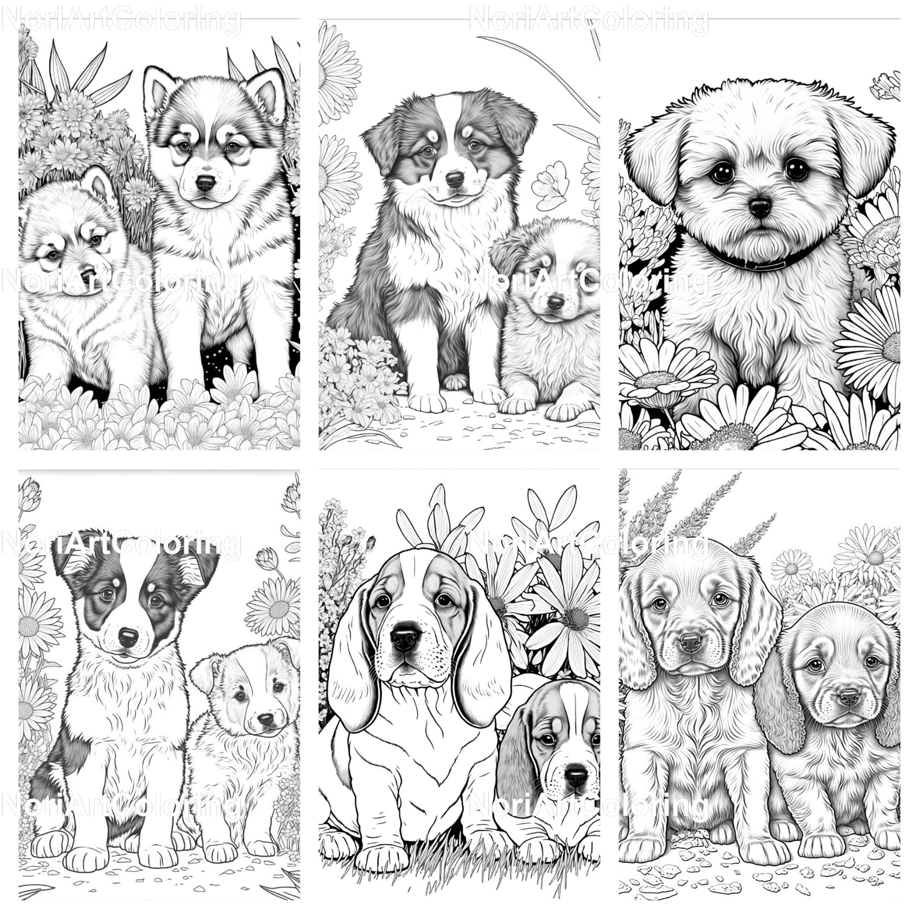 Cute puppies different species coloring book printable adult coloring pages download grayscale illustration printable pdf file