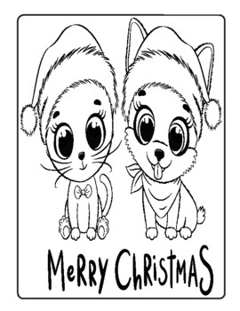 Cute christmas kitten puppy coloring page