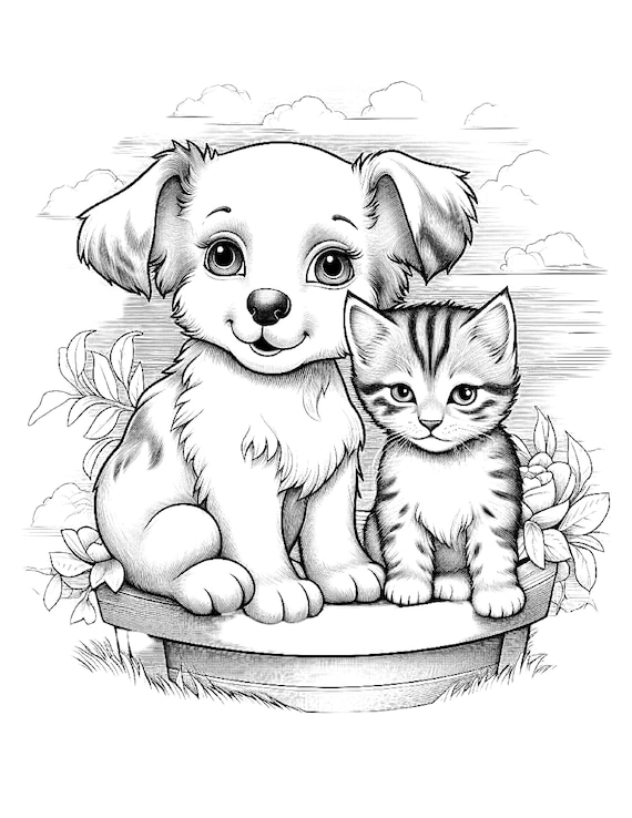 Five cute kitten and puppy coloring sheets for instant download