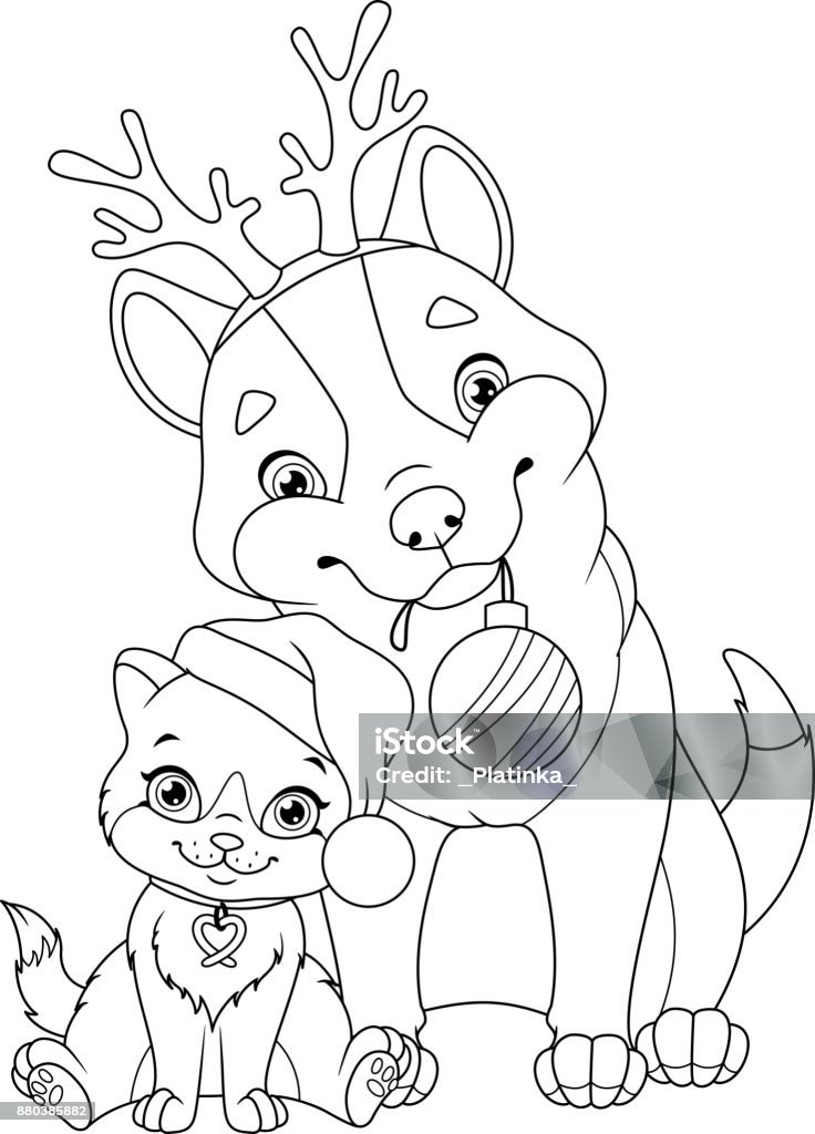 Christmas dog with cat coloring page stock illustration