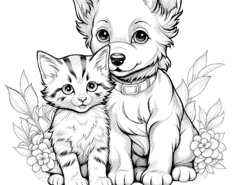 Five cute kitten and puppy coloring sheets for instant download