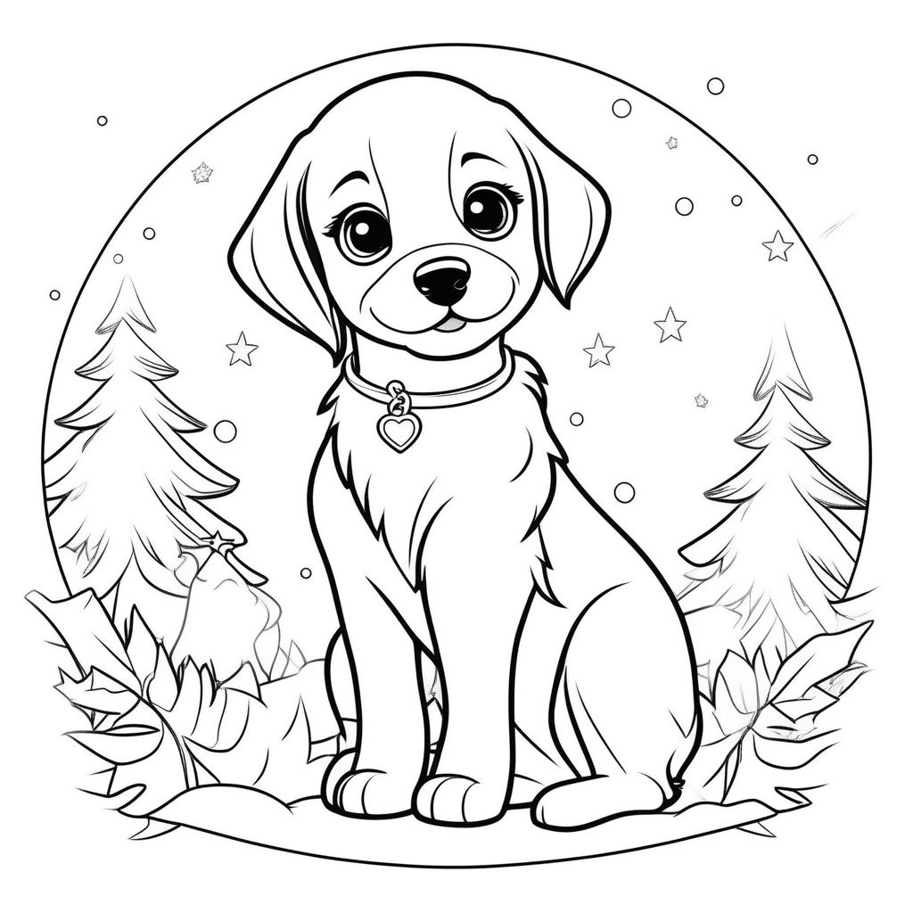 A simple white outline coloring book style of a outline of a dog in the snow