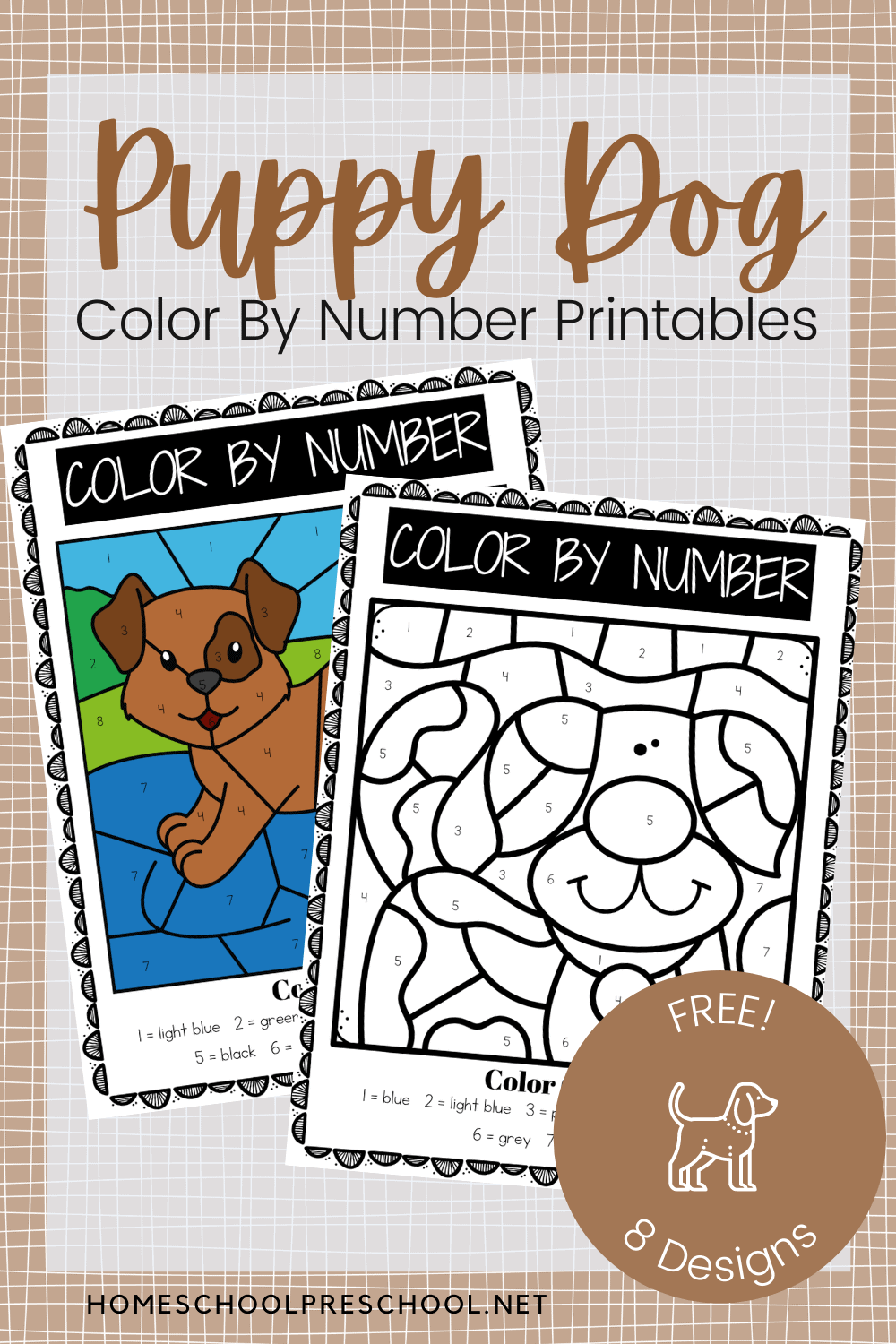 Dog color by number printables for preschoolers