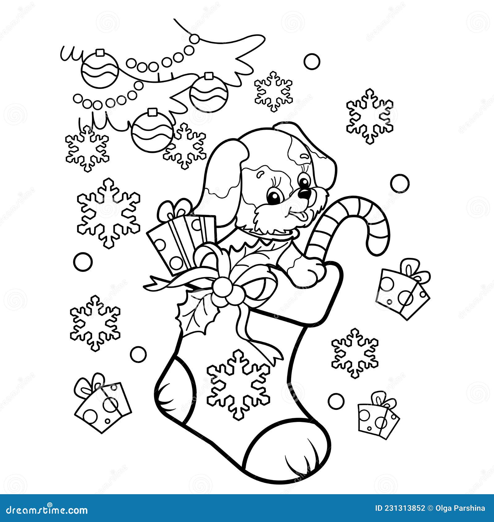 Coloring page outline of christmas boot or sock with gifts and sweets and with little dog christmas new year stock vector