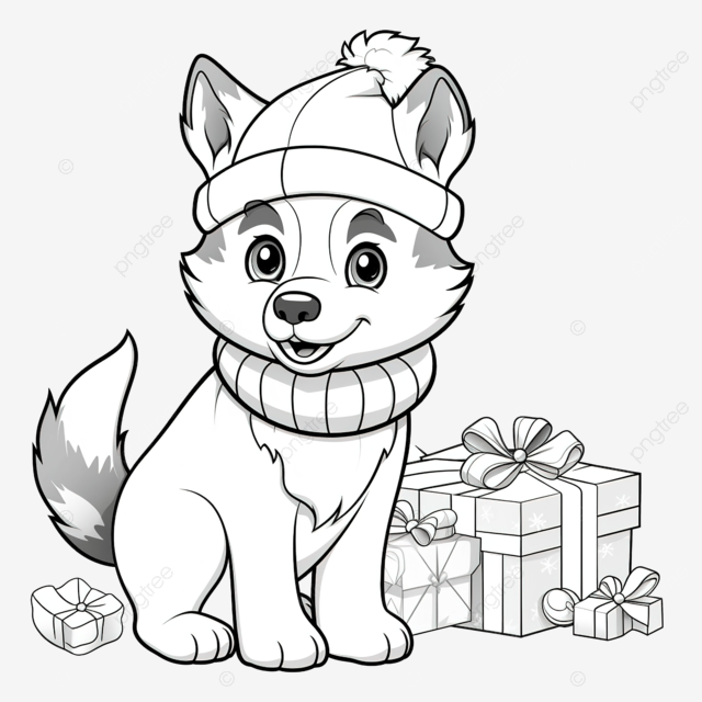 Coloring book with a cute husky dog christmas characters using santa hat and scarf inside the house coloring book christmas coloring dog doodle png transparent image and clipart for free download