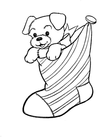 A puppy dog in a christmas stocking coloring page free printable coloring pages