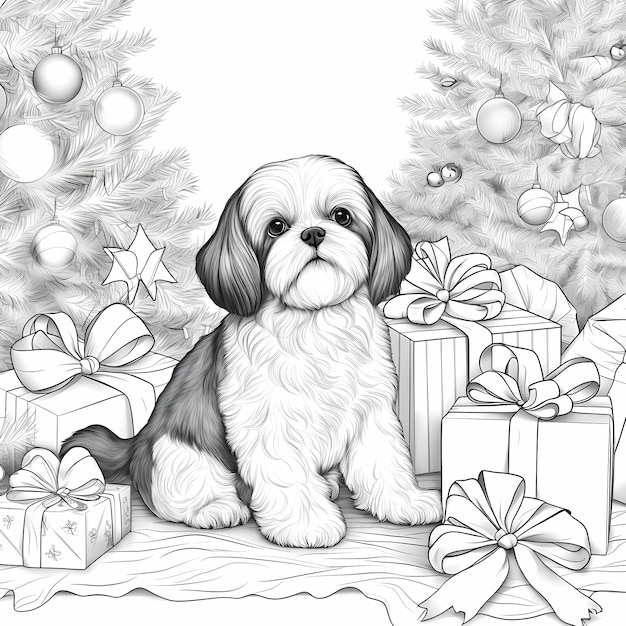 Premium ai image shih tzu puppy christmas surprise coloring book page for adults with a festive present