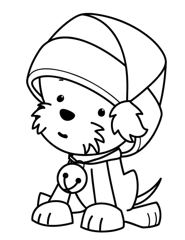 Puppy with christmas hat coloring page