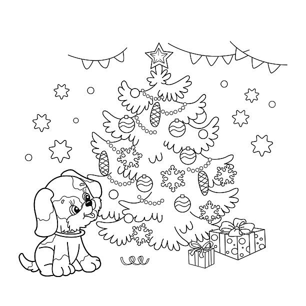 Coloring page outline of christmas tree with ornaments and puppy stock illustration